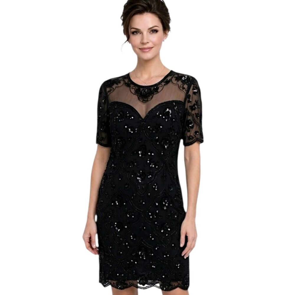 Blacktie Oleg Casslnl Black Sequins Beaded Vintage Silk Evening Dress Size 12